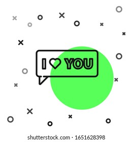 Bubble Black line Speech con texto me encanta icono aislado en fondo blanco. Día de San Valentín.  Ilustración vectorial