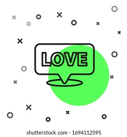 Black line Speech bubble with text love icon isolated on white background. Valentines day.  Vector Illustration