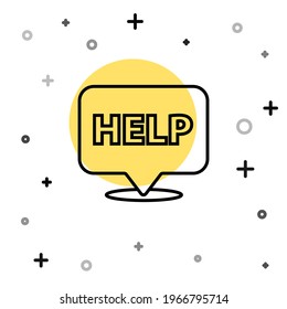 Black line Speech bubble with text Help icon isolated on white background. Random dynamic shapes. Vector Illustration