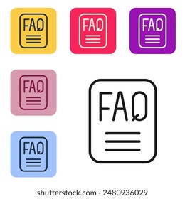 Línea negra Burbuja de voz con texto FAQ información icono aislado sobre fondo blanco. Círculo Botón con texto FAQ. Establecer iconos en Botones cuadrados de color. Vector