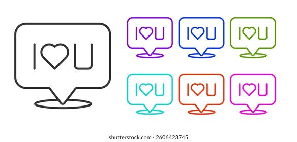 Black line Speech bubble with text I love you icon isolated on white background. Valentines day. Set icons colorful. Vector