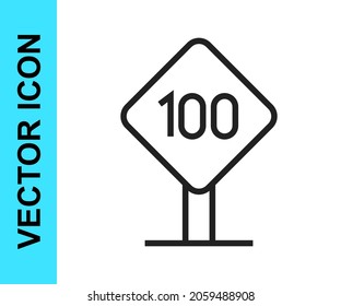 Schwarze Linie Geschwindigkeitsbegrenzungszeichen 100 km Symbol einzeln auf weißem Hintergrund.  Vektorgrafik