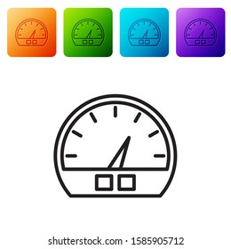 Black line Speedometer icon isolated on white background. Set icons in color square buttons. Vector Illustration