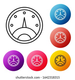 Black line Speedometer icon isolated on white background. Set icons colorful circle buttons. Vector Illustration