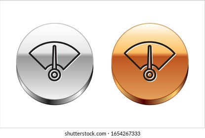 Black line Speedometer icon isolated on white background. Silver-gold circle button. Vector Illustration