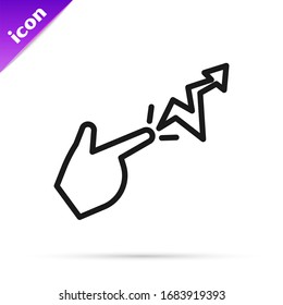 Black line Spell icon isolated on white background. The sorcerer hand performing spells.  Vector Illustration