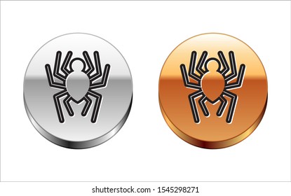 Black line Spider icon isolated on white background. Happy Halloween party. Silver-gold circle button. Vector Illustration