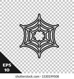 Black line Spider web icon isolated on transparent background. Cobweb sign. Happy Halloween party.  Vector Illustration