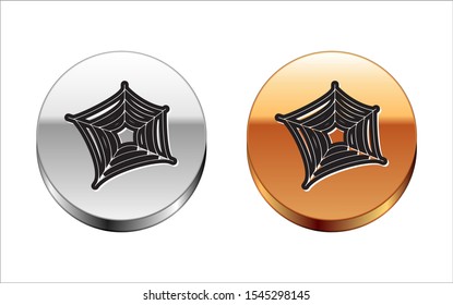 Black line Spider web icon isolated on white background. Cobweb sign. Happy Halloween party. Silver-gold circle button. Vector Illustration