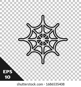 Black line Spider web icon isolated on transparent background. Cobweb sign. Happy Halloween party.  Vector Illustration