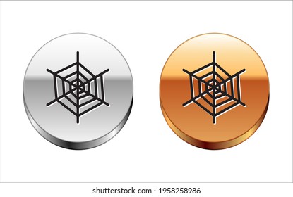 Black line Spider web icon isolated on white background. Cobweb sign. Happy Halloween party. Silver-gold circle button. Vector Illustration
