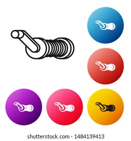 Black line Spinning reel for fishing icon isolated on white background. Fishing coil. Fishing tackle. Set icons colorful circle buttons. Vector Illustration