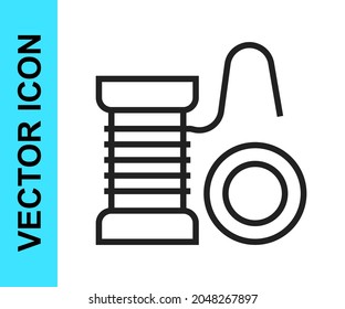 Black line Spinning reel for fishing icon isolated on white background. Fishing coil. Fishing tackle.  Vector