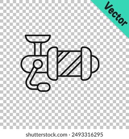 Black line Spinning reel for fishing icon isolated on transparent background. Fishing coil. Fishing tackle.  Vector