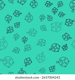 Black line Spinning reel for fishing icon isolated seamless pattern on green background. Fishing coil. Fishing tackle.  Vector
