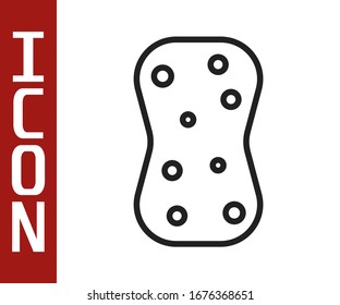 Black line Sponge with bubbles icon isolated on white background. Wisp of bast for washing dishes. Cleaning service logo.  Vector Illustration