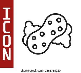 Black line Sponge with bubbles icon isolated on white background. Wisp of bast for washing dishes. Cleaning service logo.  Vector