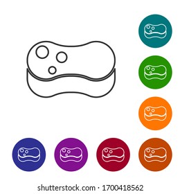 Icono de Esponja de línea negra aislado en fondo blanco. Vapor de vientre para lavar platos. El concepto de servicio de limpieza. Establecer iconos en los botones de círculo de color. Ilustración vectorial