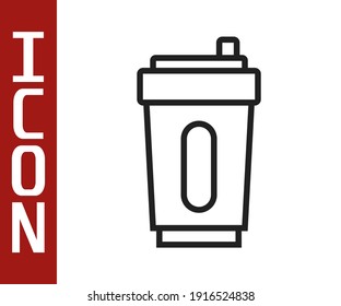 Black line Sport bottle with water icon isolated on white background.  Vector