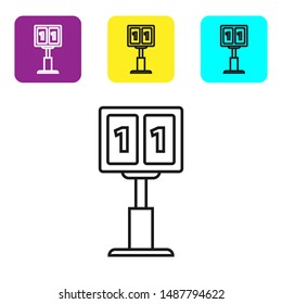Black line Sport football mechanical scoreboard and result display icon isolated on white background. Set icons colorful square buttons. Vector Illustration