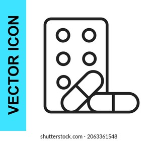 Black Line Sports Doping, Anabolic Drugs With Dumbbell Icon Isolated On White Background. Anabolic Steroids Tablet. Pills In Jar.  Vector