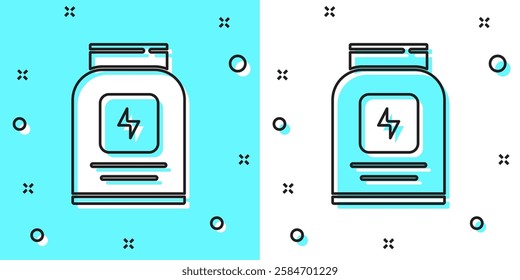 Black line Sports nutrition bodybuilding proteine power drink and food icon isolated on green and white background. Random dynamic shapes. Vector