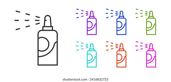 Black line Spray can for hairspray, deodorant, antiperspirant icon isolated on white background. Set icons colorful. Vector