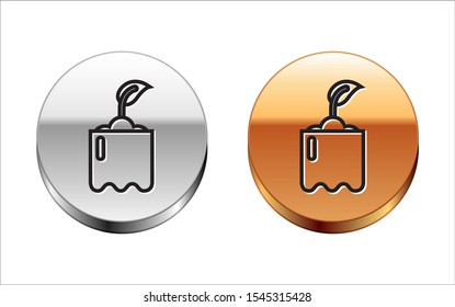 Black line Sprout in bottle icon isolated on white background. Seed and seedling. Leaves sign. Leaf nature. Silver-gold circle button. Vector Illustration