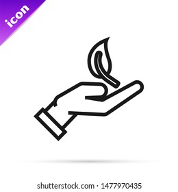Black line Sprout in hand of environmental protection icon isolated on white background. Seed and seedling. Planting sapling. Ecology concept.  Vector Illustration