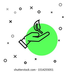Black line Sprout in hand of environmental protection icon isolated on white background. Seed and seedling. Planting sapling. Ecology concept.  Vector Illustration