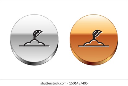Black line Sprout icon isolated on white background. Seed and seedling. Leaves sign. Leaf nature. Silver-gold circle button. Vector Illustration