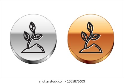 Black line Sprout icon isolated on white background. Seed and seedling. Leaves sign. Leaf nature. Silver-gold circle button. Vector Illustration
