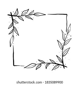 Black line square frame with leaves on 2 white silhouette for cut file. Vector illustration for decorate logo, text, wedding, greeting cards and any design.