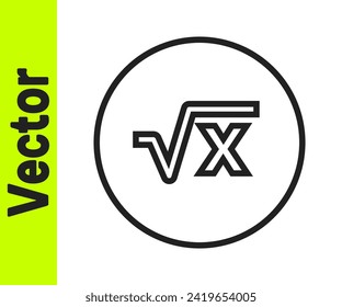 Raíz cuadrada de línea negra del icono x glifo aislado en fondo blanco. Expresión matemática.  Vector