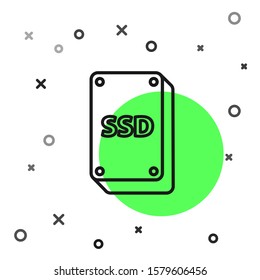 Black line SSD card icon isolated on white background. Solid state drive sign. Storage disk symbol.  Vector Illustration