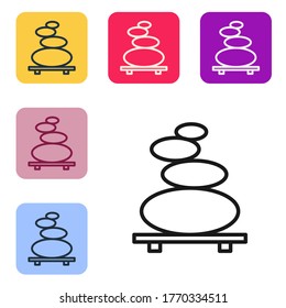 Black line Stack hot stones icon isolated on white background. Spa salon accessory. Set icons in color square buttons. Vector Illustration