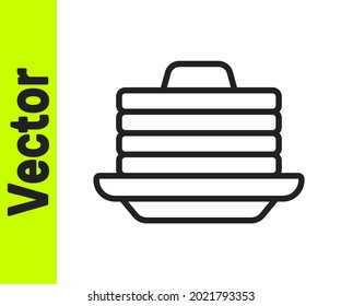 Línea negra Pila de tortitas con icono de miel aislado en fondo blanco. El concepto de desayuno.  Vector
