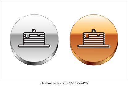 Black line Stack of pancakes icon isolated on white background. Baking with syrup and cherry. Breakfast concept. Silver-gold circle button. Vector Illustration