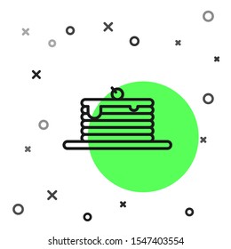 Black line Stack of pancakes icon isolated on white background. Baking with syrup and cherry. Breakfast concept.  Vector Illustration