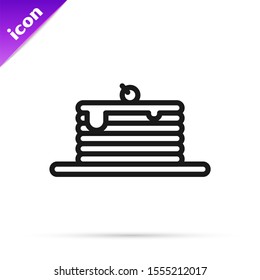 Black line Stack of pancakes icon isolated on white background. Baking with syrup and cherry. Breakfast concept.  Vector Illustration