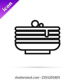 Línea negra Icono de pila de crepes aislados en fondo blanco. Hornear con jarabe y cereza. El concepto de desayuno.  Vector
