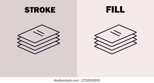 Black line stack of papers with lines on gray and white background with stroke and fill labels