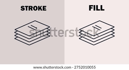 Black line stack of papers with lines on gray and white background with stroke and fill labels