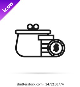 Black line Stacks paper money cash icon isolated on white background. Money banknotes stacks. Bill currency.  Vector Illustration