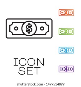 Black line Stacks paper money cash icon isolated on white background. Money banknotes stacks. Bill currency. Set icons colorful. Vector Illustration