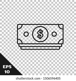 Black line Stacks paper money cash icon isolated on transparent background. Money banknotes stacks. Bill currency.  Vector Illustration