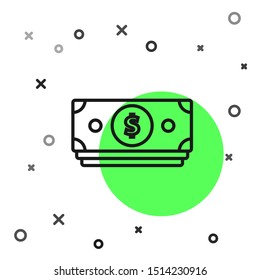Black line Stacks paper money cash icon isolated on white background. Money banknotes stacks. Bill currency.  Vector Illustration