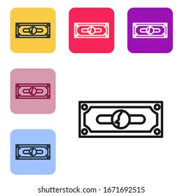 Black line Stacks paper money cash icon isolated on white background. Money banknotes stacks. Bill currency. Set icons in color square buttons. Vector Illustration