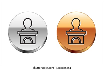 Black line Stage stand or debate podium rostrum icon isolated on white background. Conference speech tribune. Silver-gold circle button. Vector Illustration