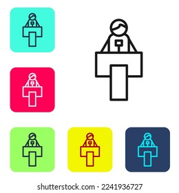 Black line Stage stand or debate podium rostrum icon isolated on white background. Conference speech tribune. Set icons in color square buttons. Vector